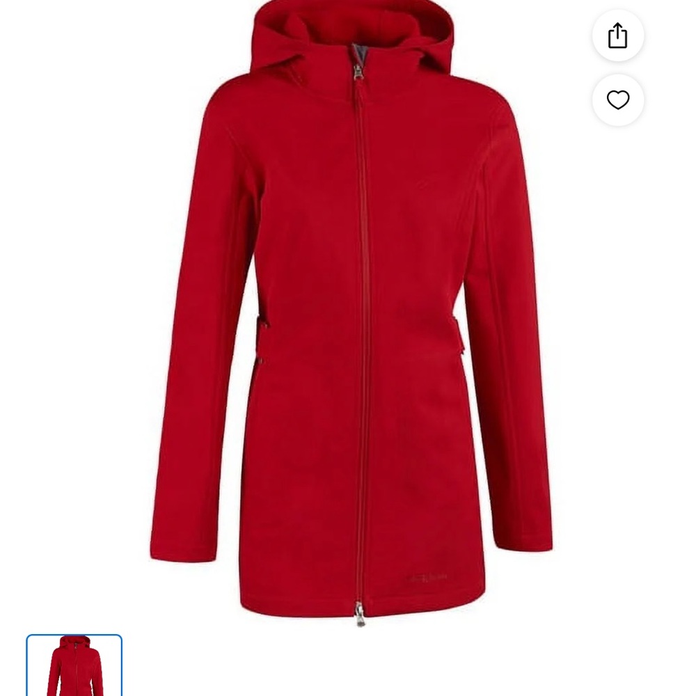 Red Ski Jacket with Hood and Full-Length Zipper. Soft shell. Used.